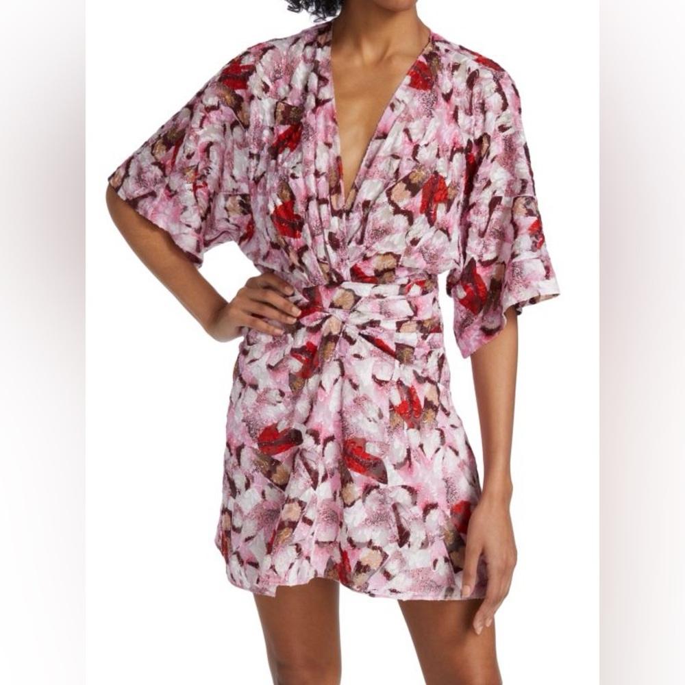 IRO Paris Gazaniaspe Floral Mini Dress Faux Wrap Pink Red White Size 36 US 4